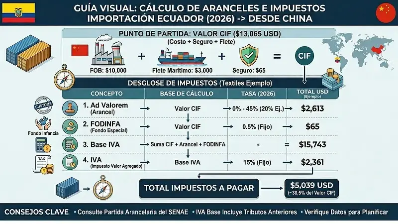 Cálculo de aranceles e impuestos al importar desde China a Ecuador