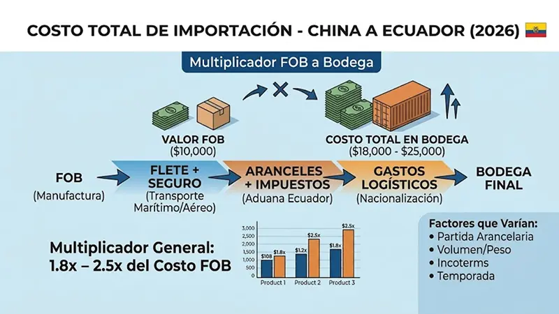 Resumen del costo total de importación productos desde China a Ecuador